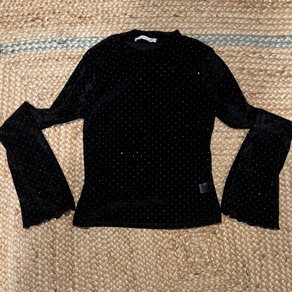 Altar'd State Black Rhinestone Top with Bell Sleeves